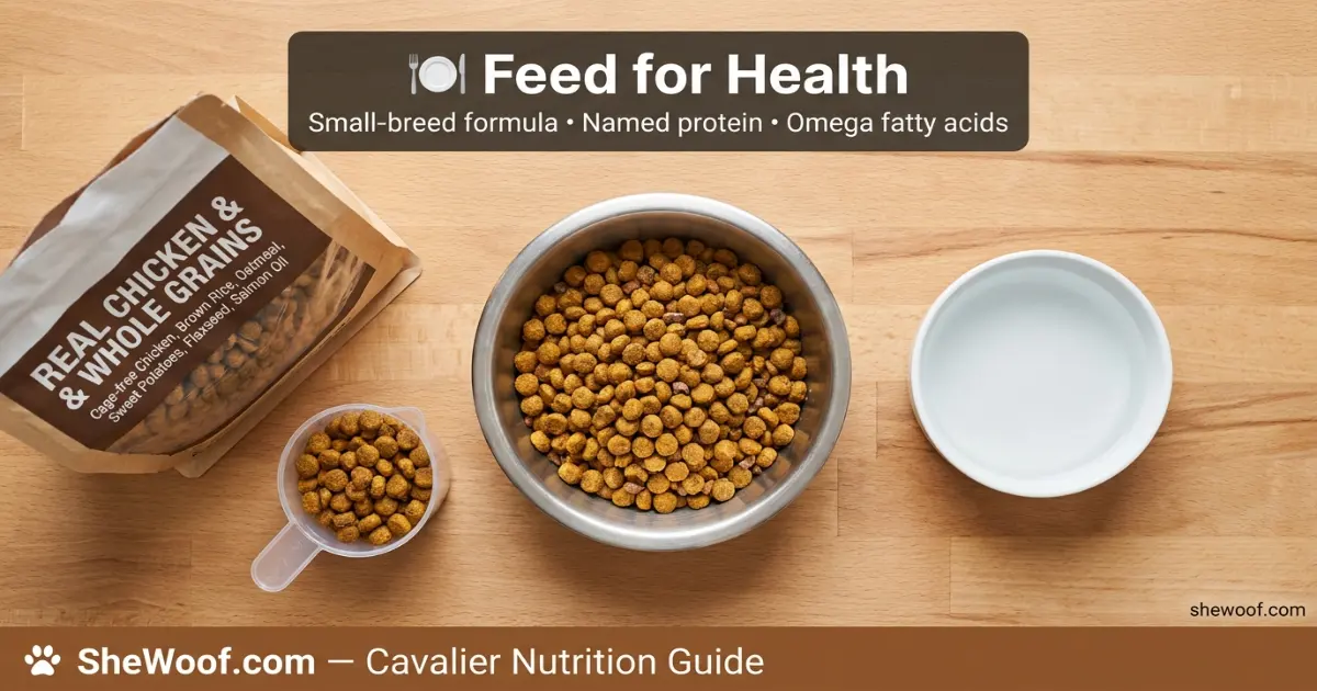 High-quality dog food and bowls for a Cavalier King Charles Spaniel