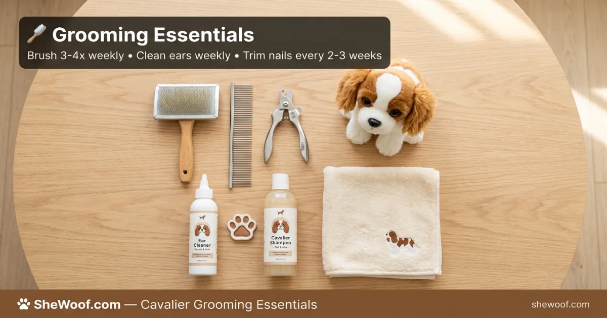Cavalier grooming supplies including brush, comb, nail clippers, and ear cleaner