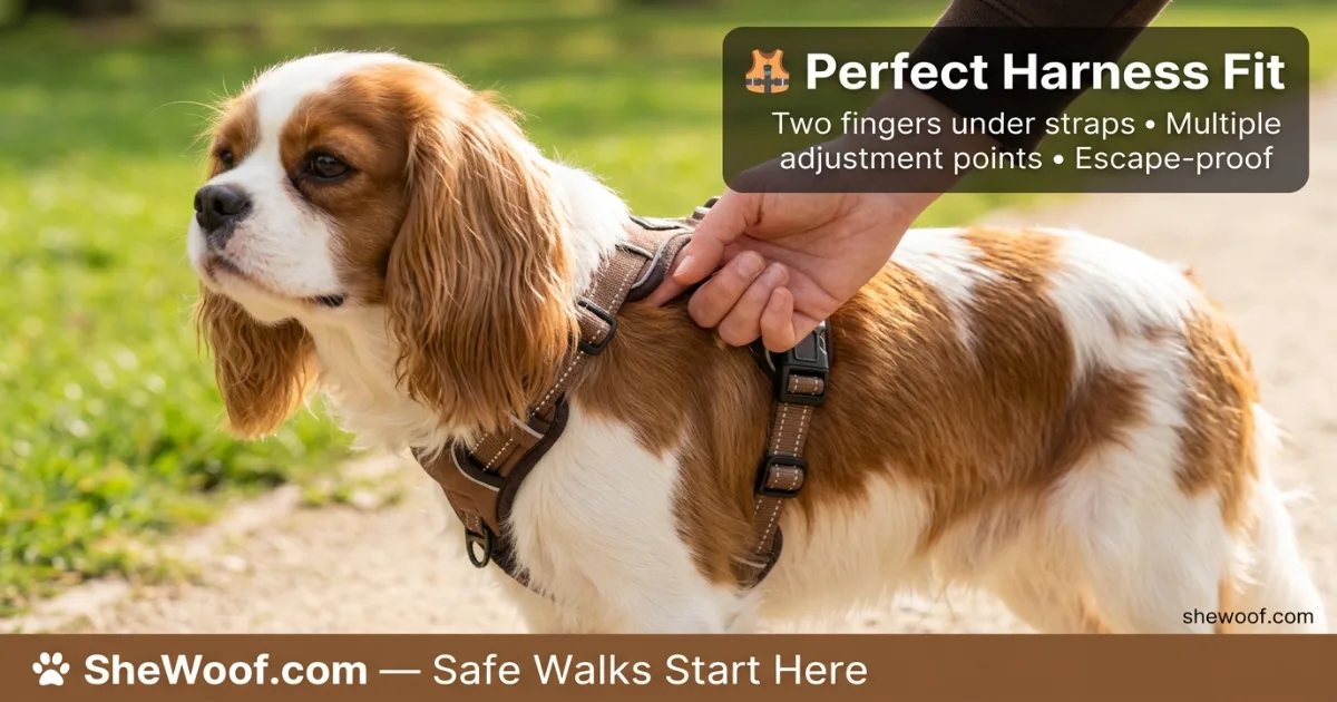 Well-fitted harness on a Cavalier King Charles Spaniel during a walk