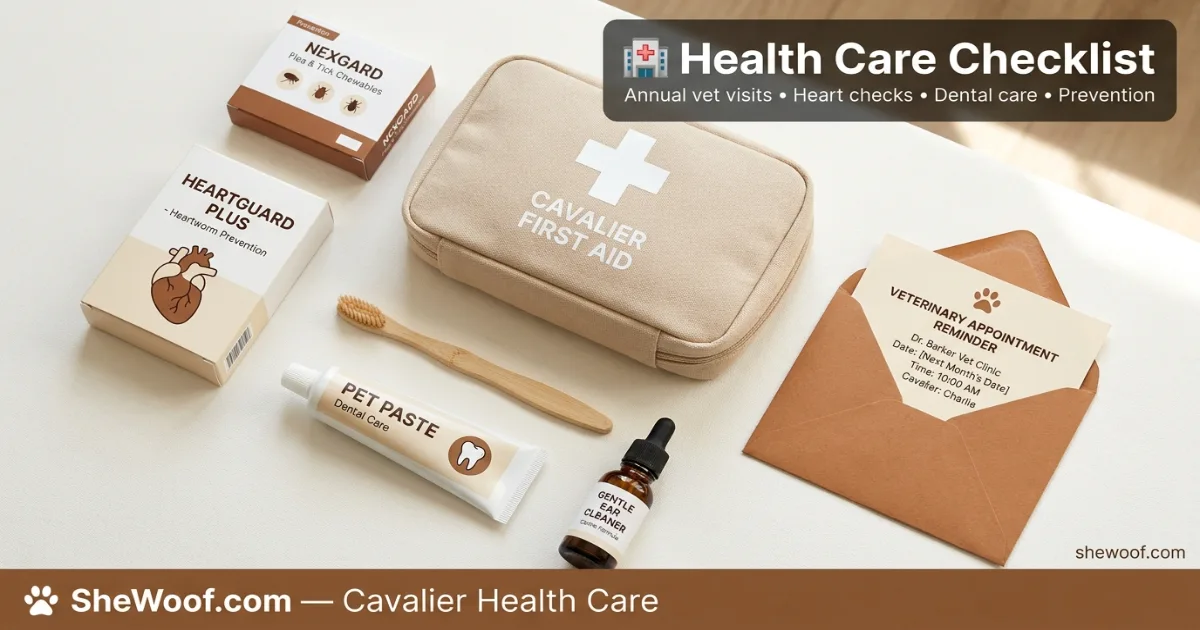 Cavalier health care essentials including heartworm prevention, flea/tick, and supplements