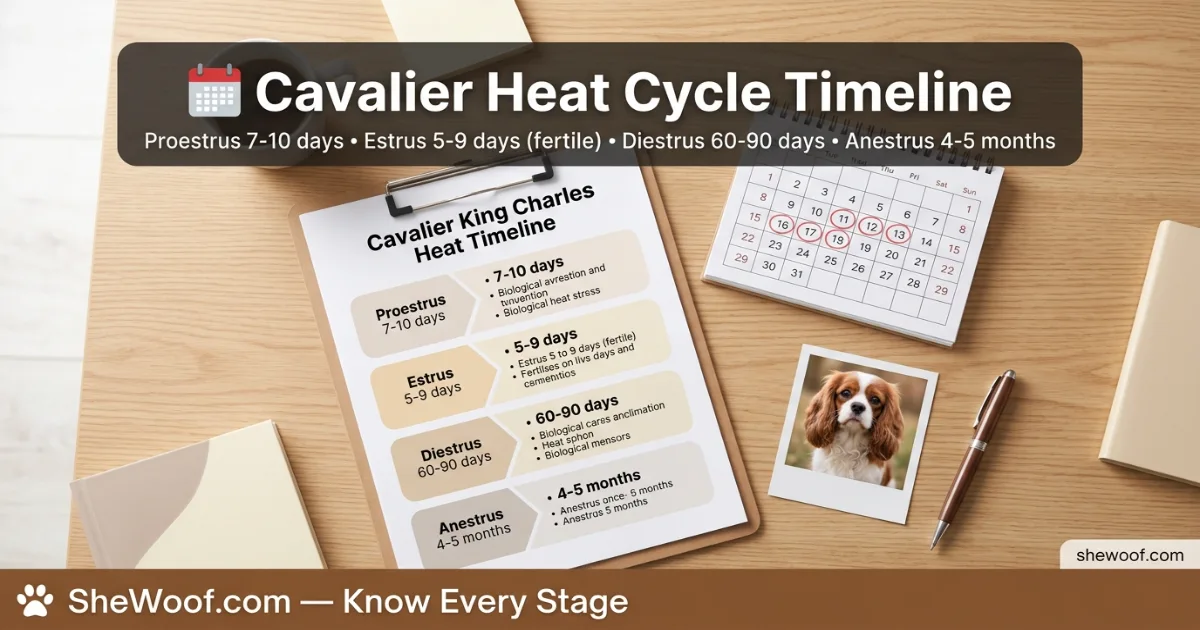 Timeline chart showing stages of a female Cavalier King Charles Spaniel heat cycle