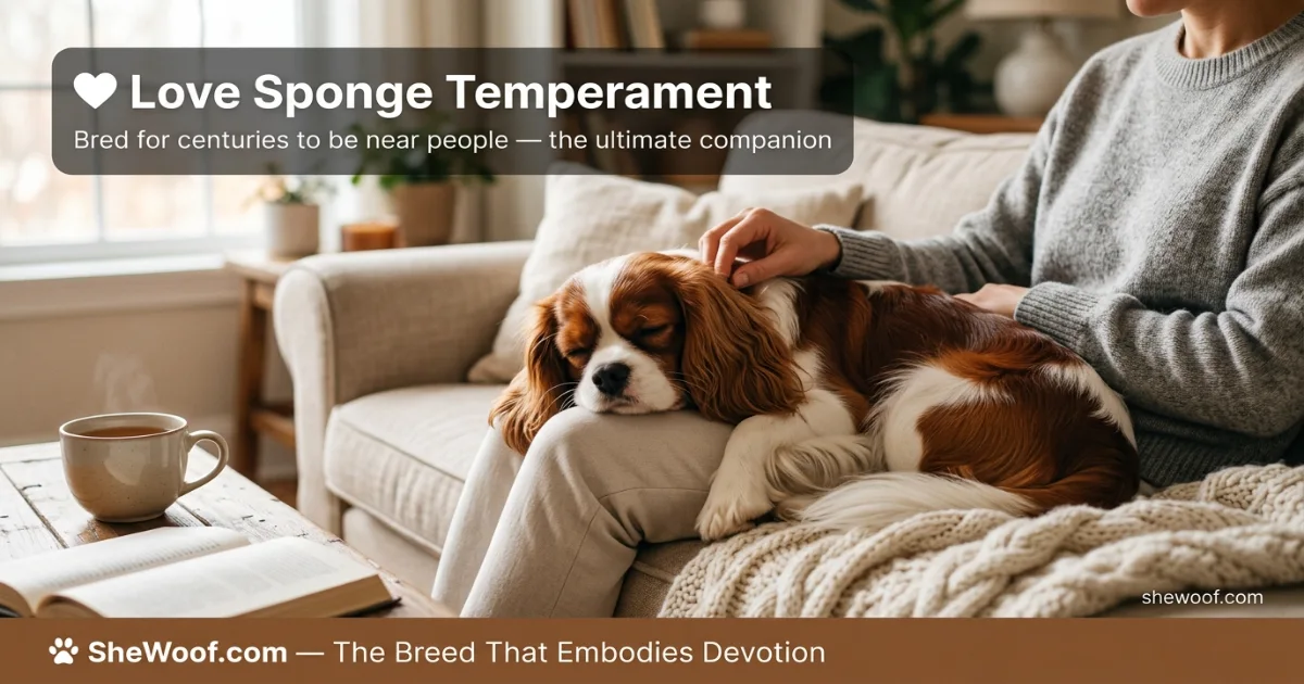 Cavalier King Charles Spaniel cuddling on its owner's lap, showing the breed's affectionate nature