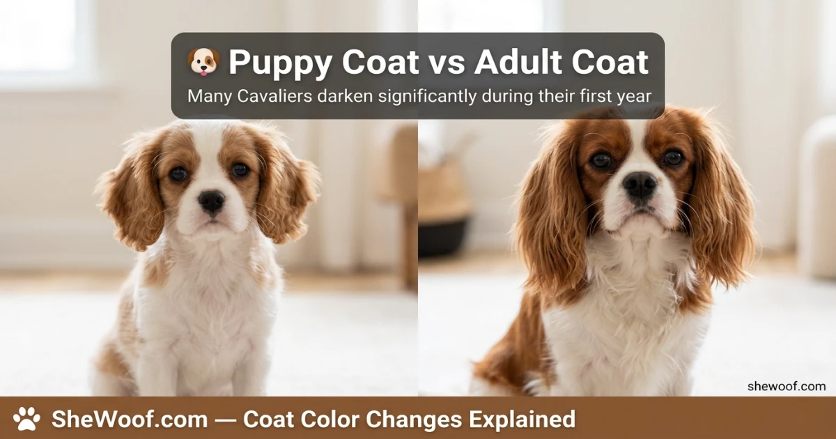 Cavalier King Charles Spaniel puppy coat compared to adult coat showing color darkening