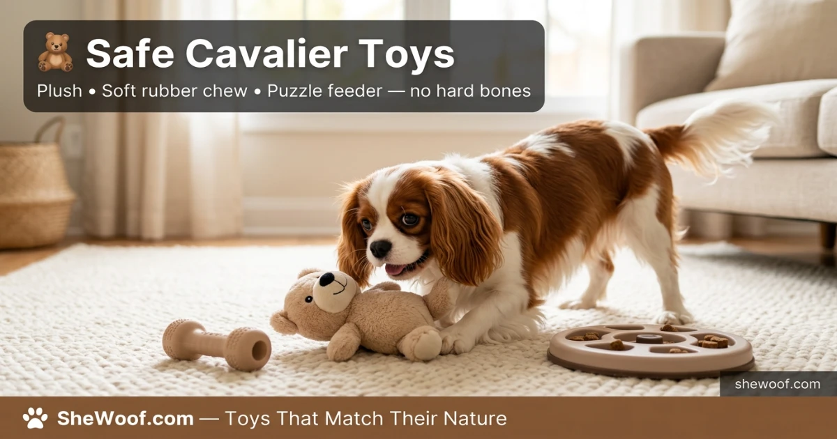Cavalier King Charles Spaniel playing with a soft plush toy and puzzle feeder