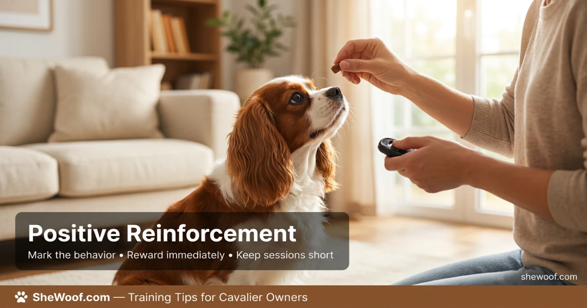 Hand giving a tiny training treat to a focused King Charles Cavalier during a training session
