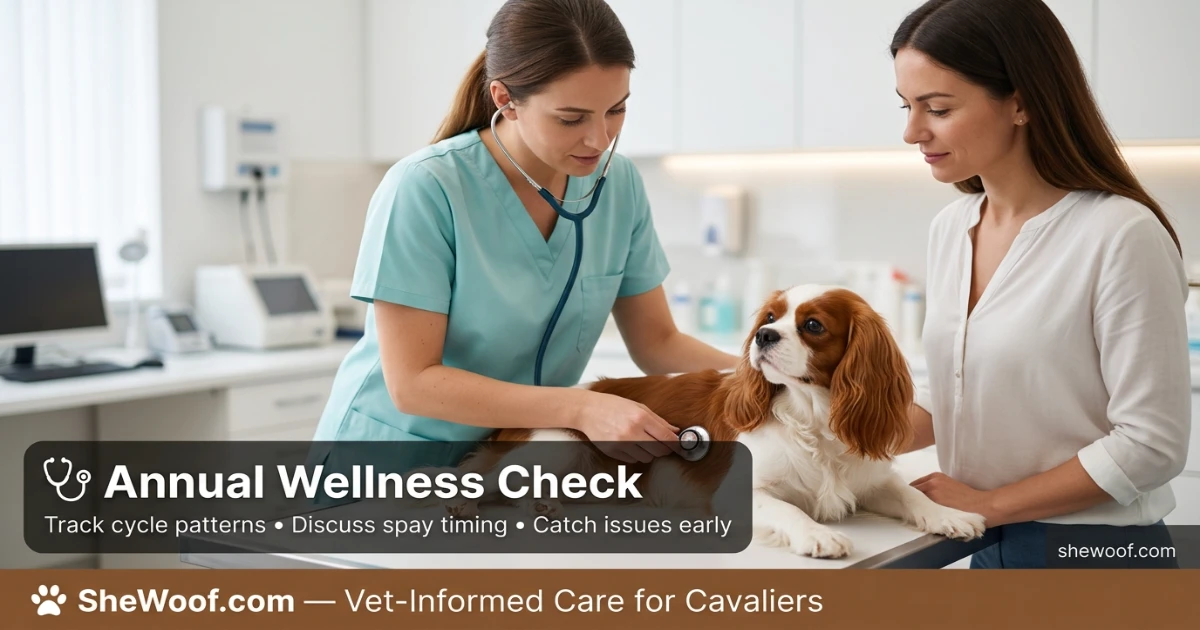 Veterinarian examining a female Cavalier King Charles Spaniel during a wellness check