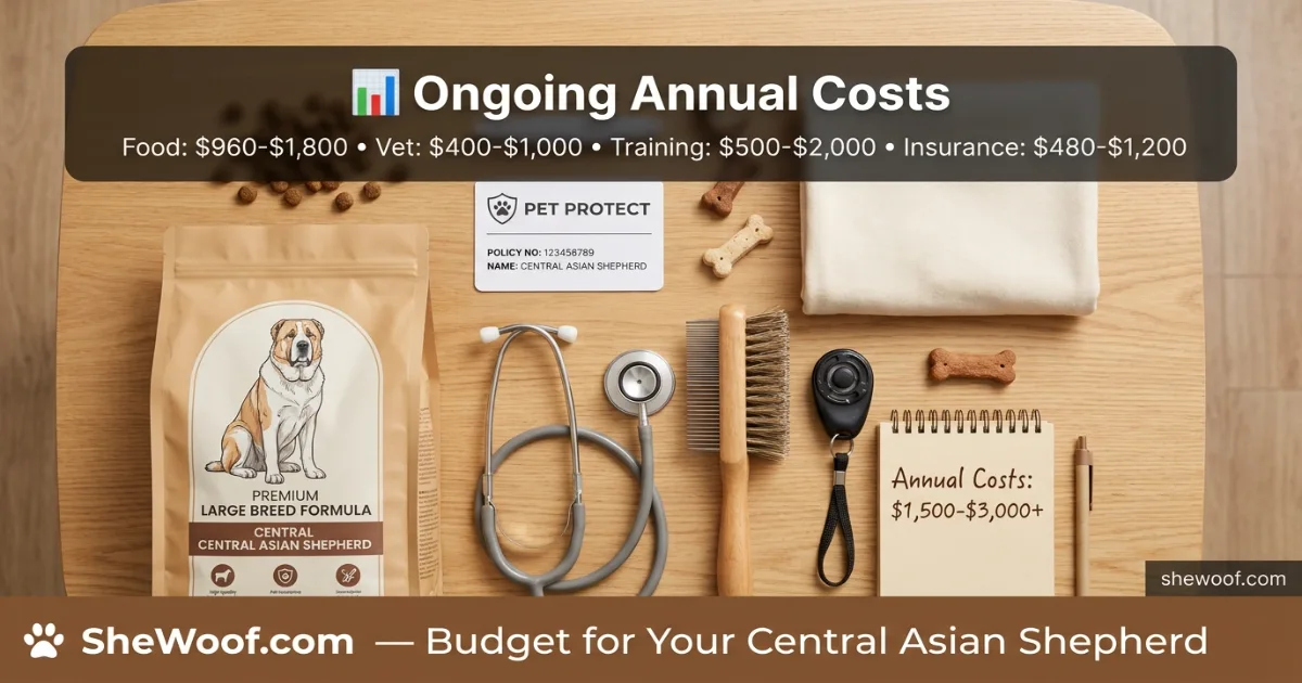 Cost breakdown infographic showing purchase price and ongoing expenses for Central Asian Shepherd
