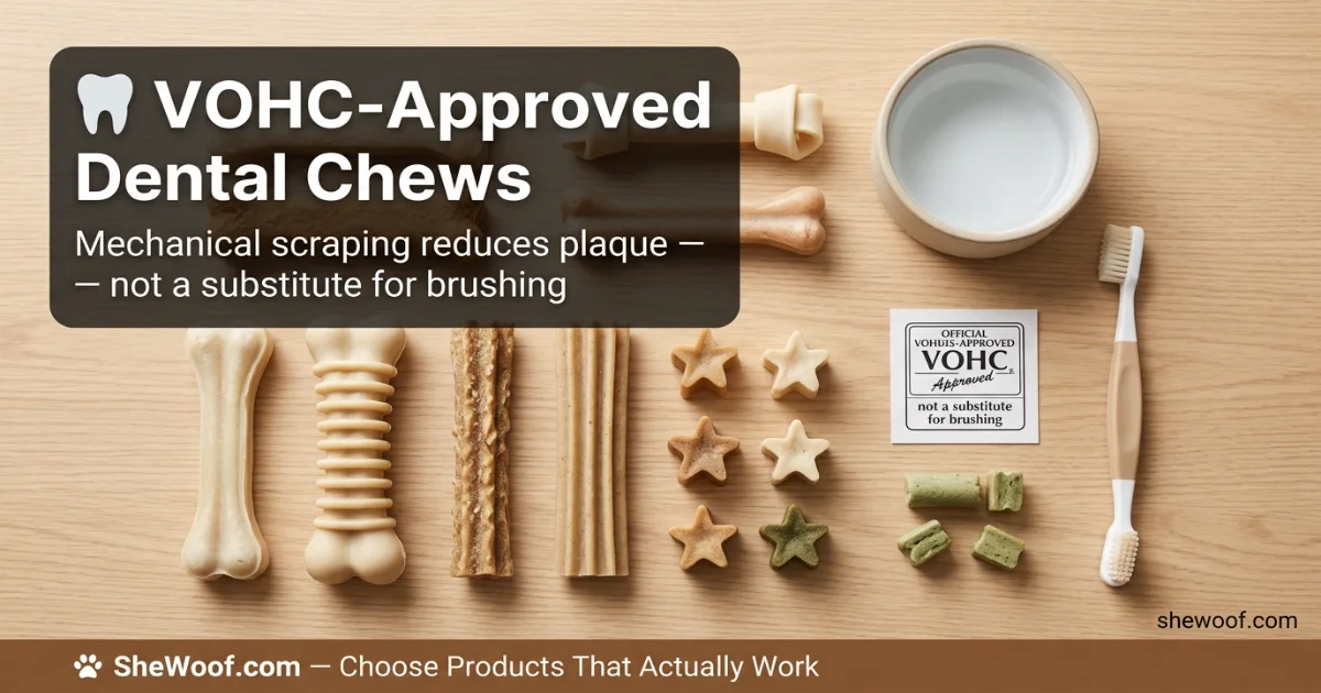 Dog chewing a VOHC-approved dental chew designed to reduce plaque and freshen breath