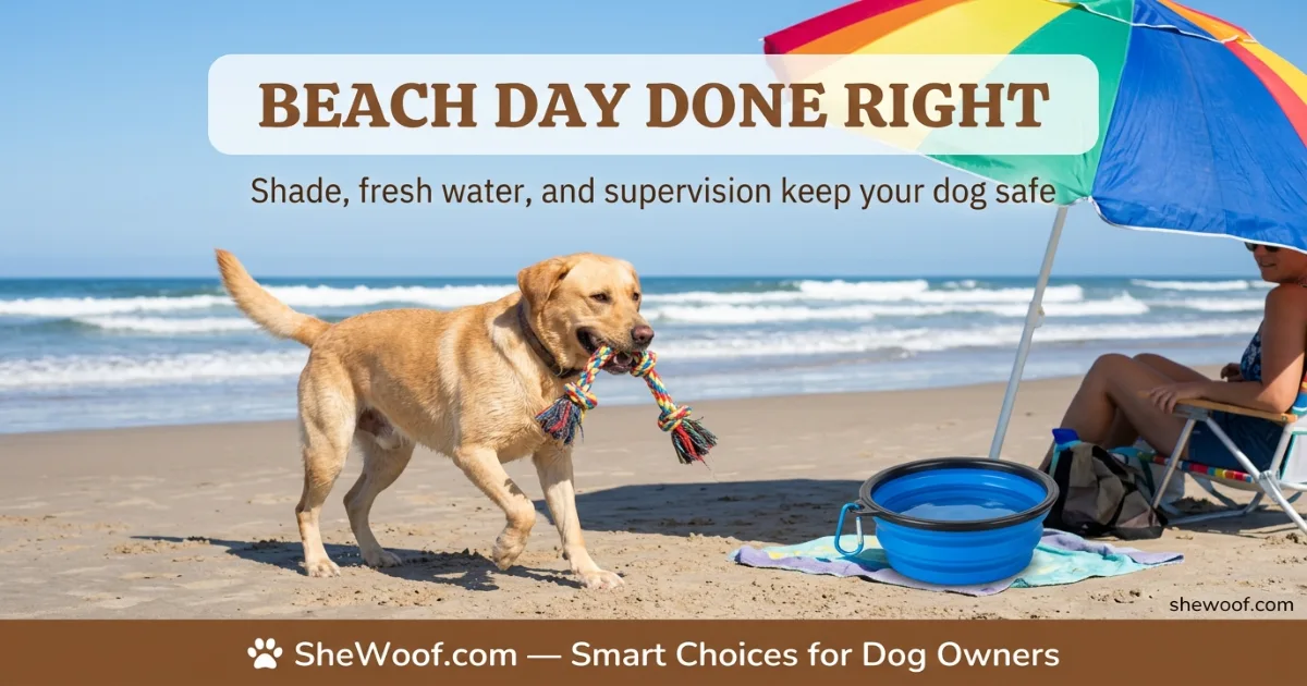 Dog playing safely at the beach while a fresh water bowl and shade are visible nearby