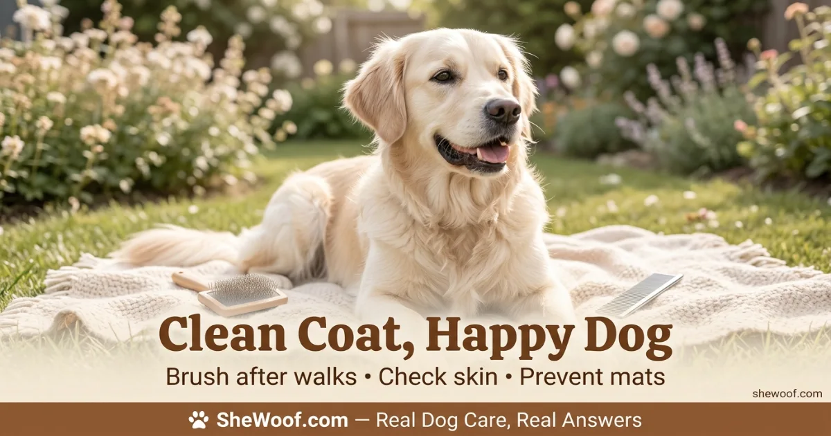 Dog with a clean, burr-free coat after grooming and brushing