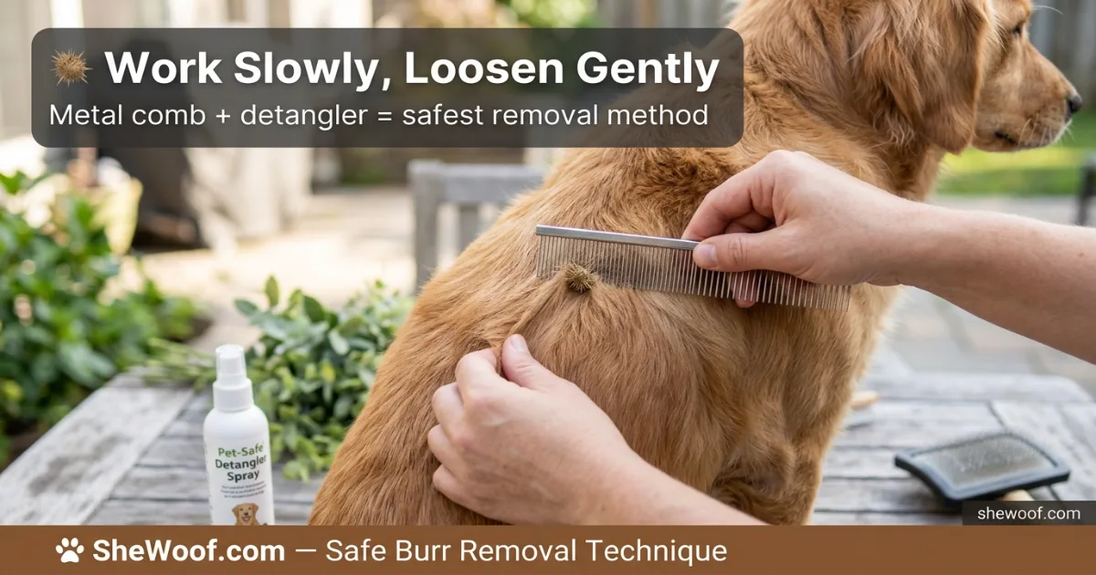 Owner using a metal comb to gently remove a burr from a dog's fur