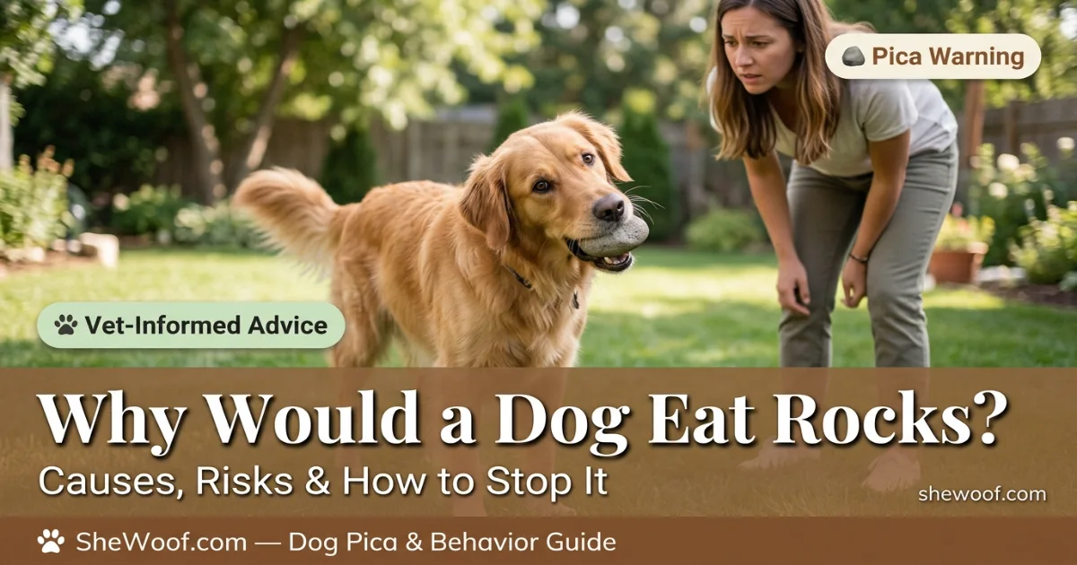 Dog picking up a rock in its mouth outdoors, showing the pica behavior owners should watch for