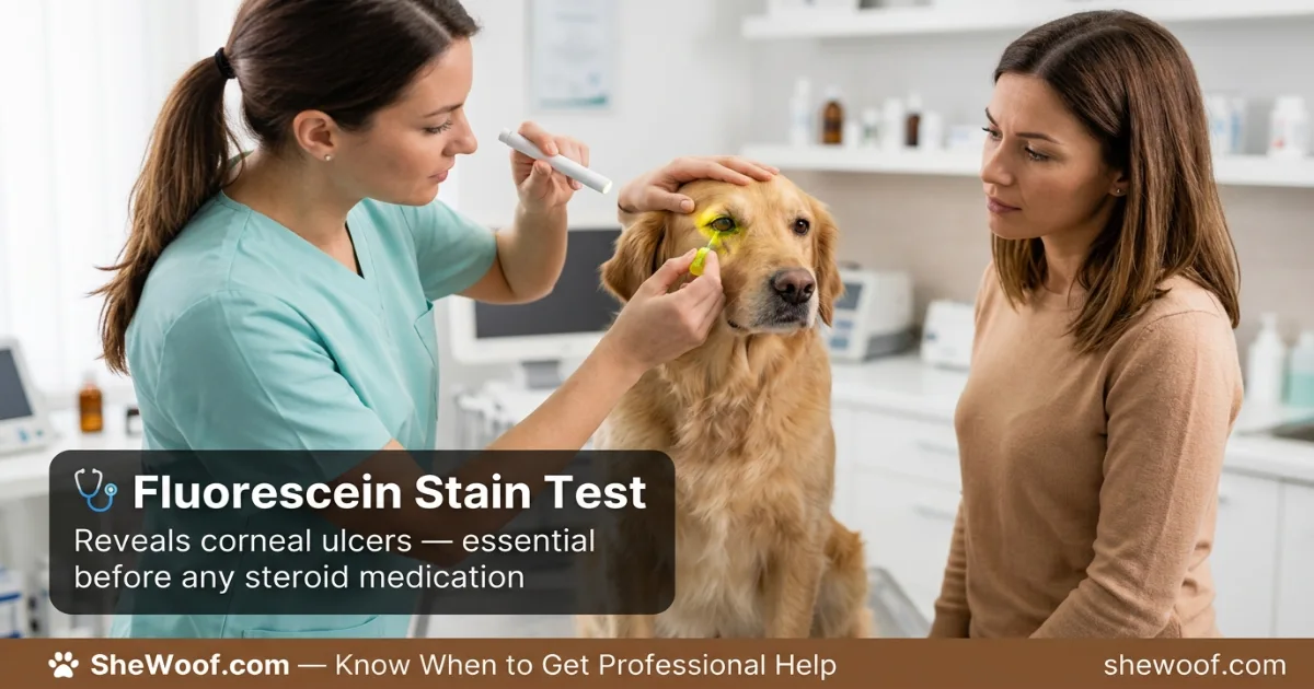 Veterinarian examining a dog's eye with fluorescein stain to check for corneal ulcers