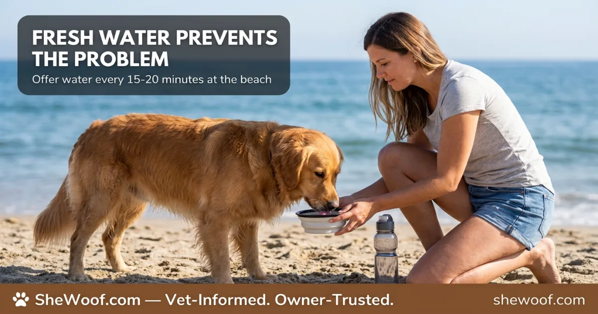 Owner offering fresh water to a dog at the beach from a portable bowl
