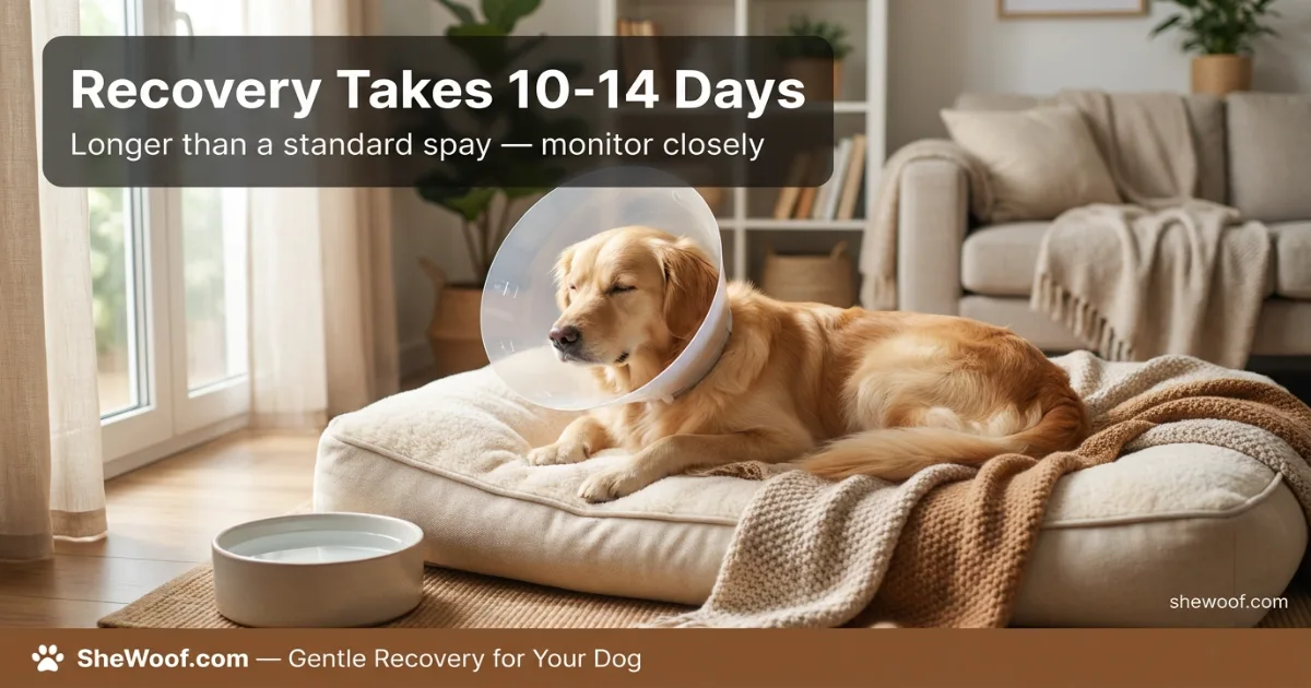 Dog recovering from spay surgery with an e-collar, resting comfortably