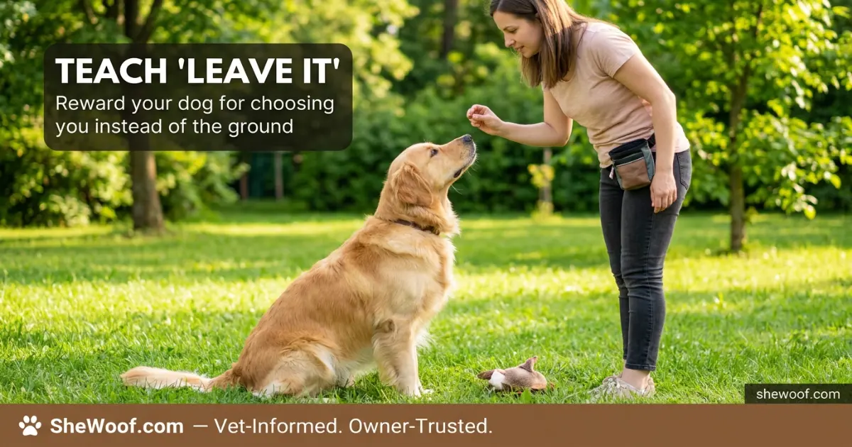 Owner training a dog to leave a piece of stool on command during an outdoor training session