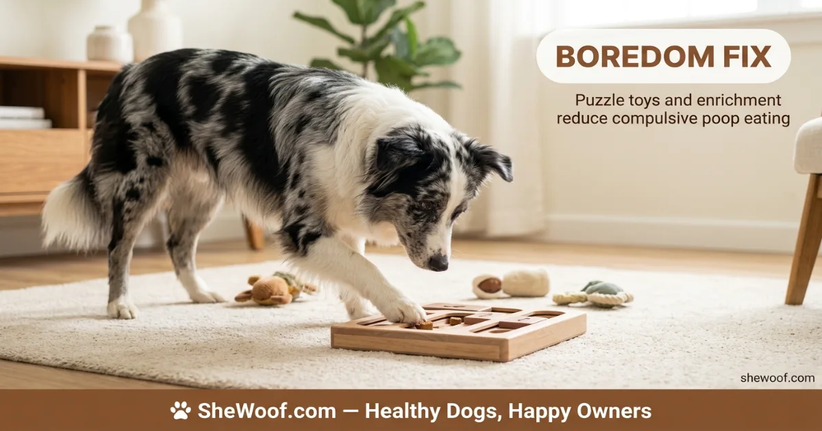 Dog engaged with a puzzle toy to reduce boredom-related poop eating