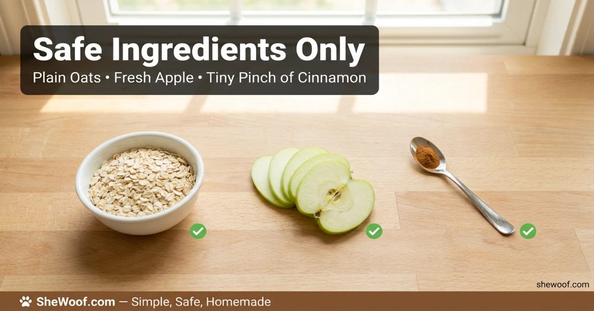 Healthy ingredients for dog-safe oatmeal: plain oats, fresh apple slices, and ground cinnamon