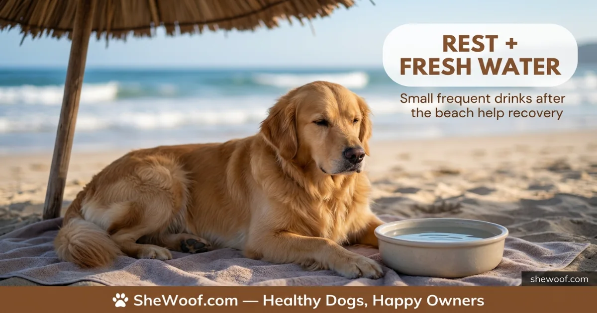 Dog resting calmly in the shade with fresh water after a beach day