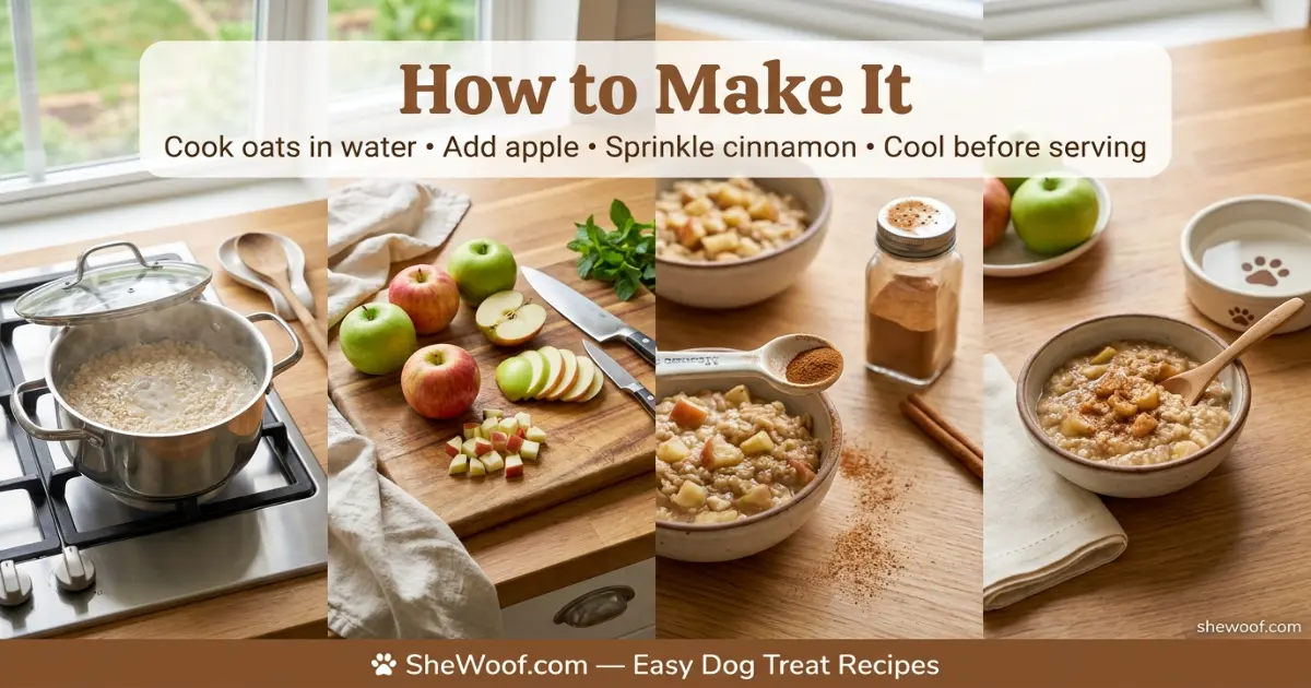 Step-by-step preparation of dog-safe apple cinnamon oatmeal with plain oats and fresh apple