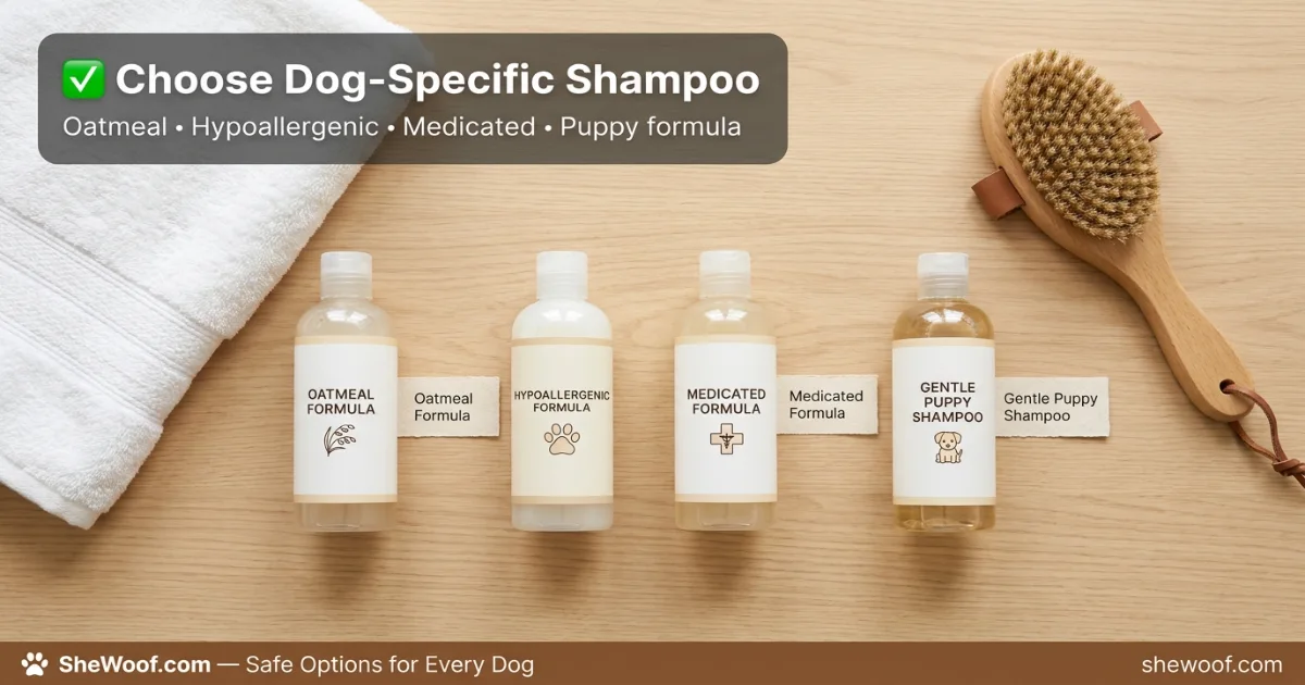 Selection of dog-specific shampoos including oatmeal, hypoallergenic, and medicated formulas