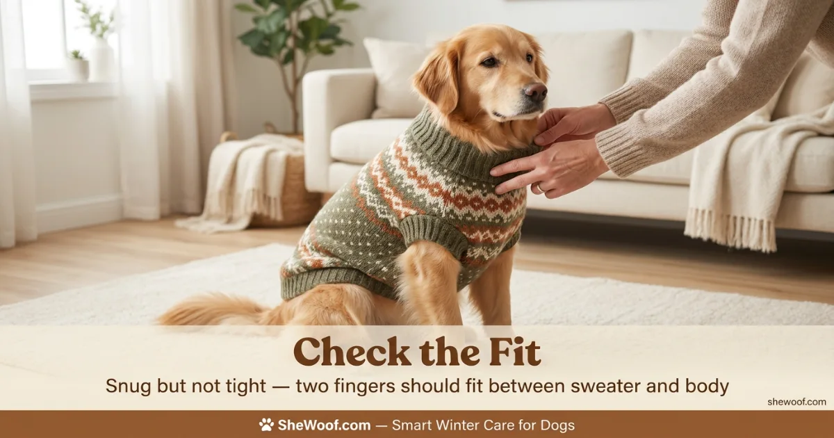 Owner checking the fit of a sweater on a dog — ensuring it is comfortable and not too tight