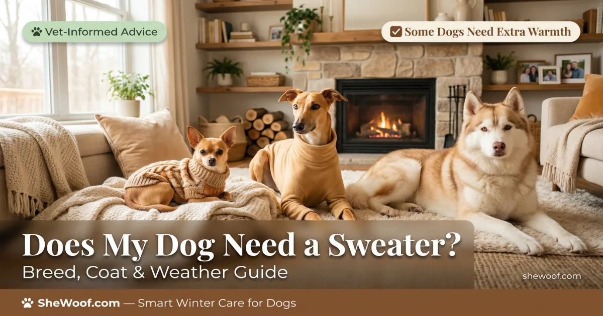Various dog breeds wearing sweaters in cold weather — showing which breeds need extra warmth