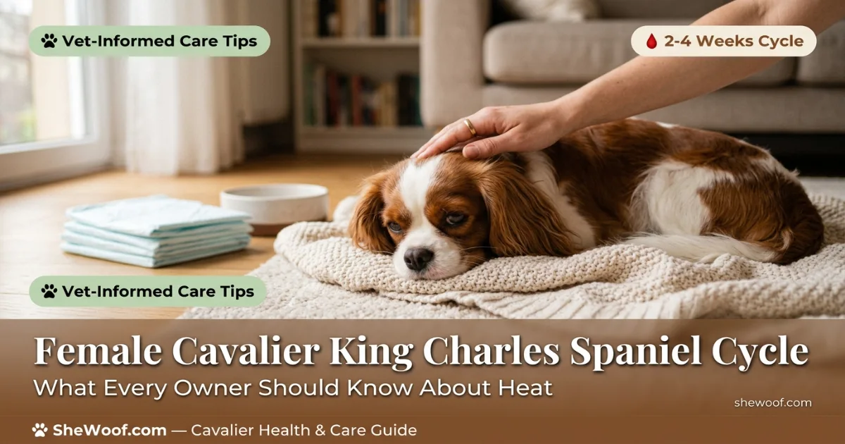 Female Cavalier King Charles Spaniel resting during her heat cycle with owner nearby