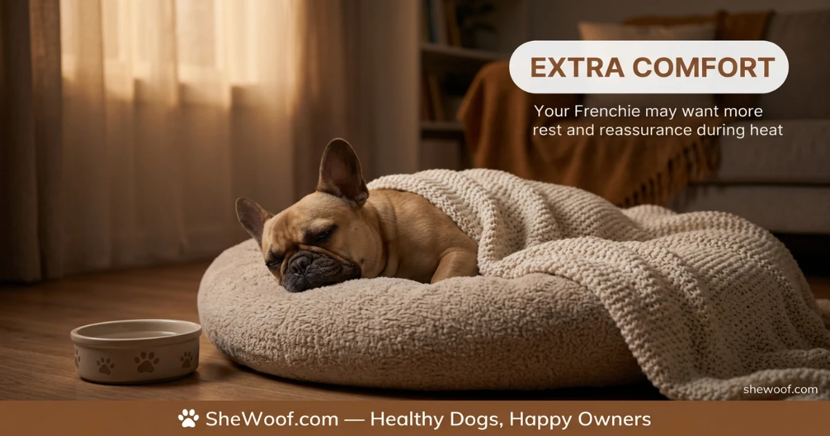 French Bulldog resting peacefully during her heat cycle with extra blankets and calm space