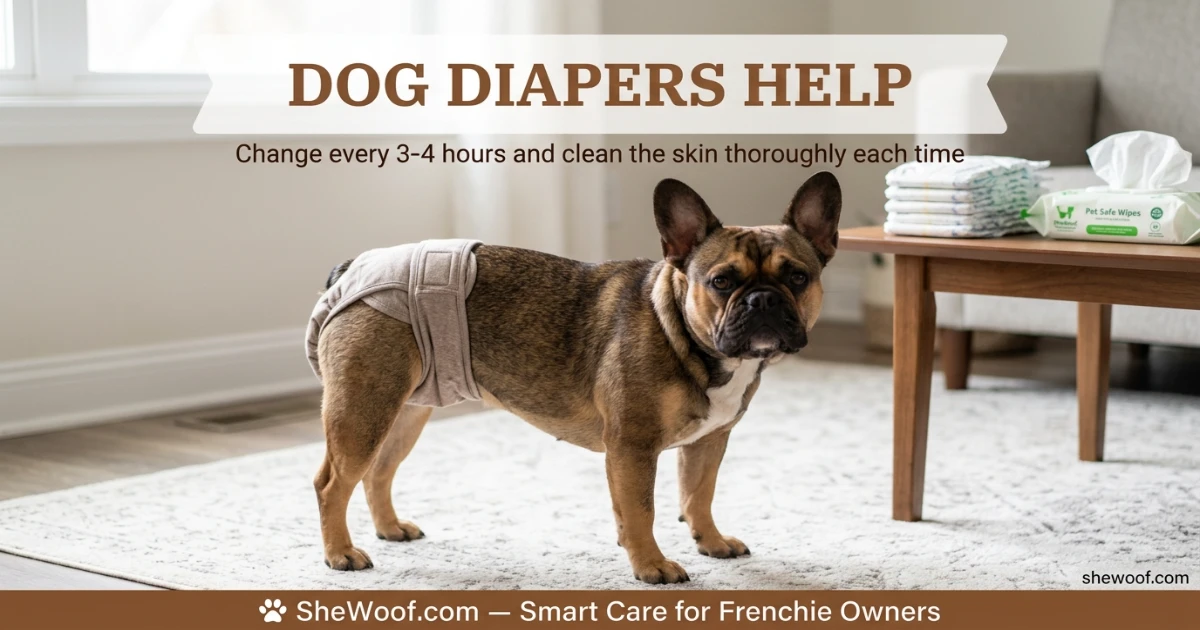 French Bulldog wearing a comfortable dog diaper during her heat cycle indoors