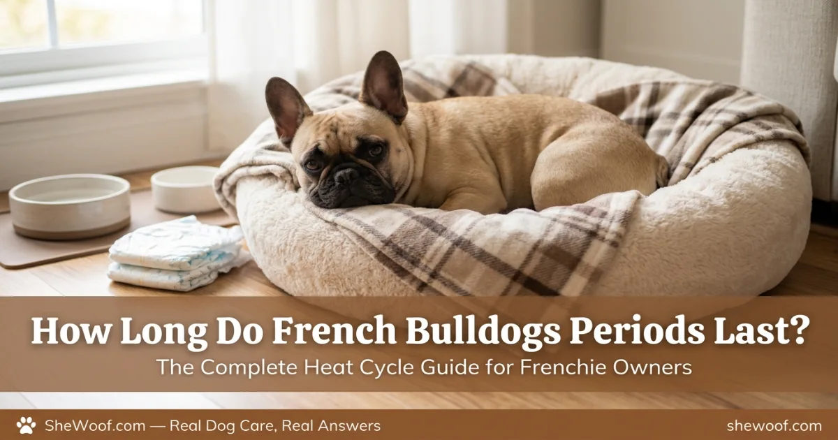 Female French Bulldog resting comfortably on a washable blanket during her heat cycle
