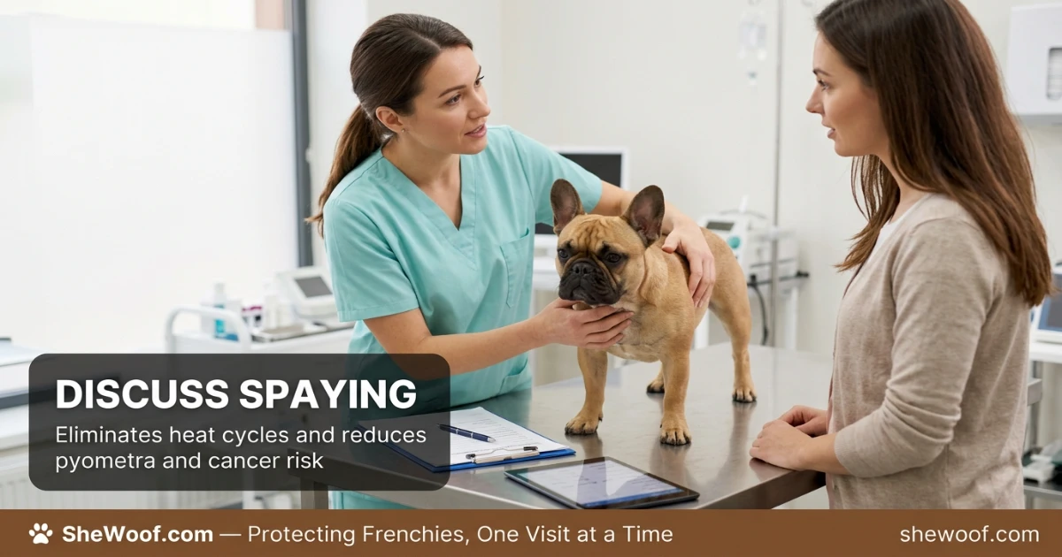 Veterinarian examining a French Bulldog to discuss heat cycle and spaying options