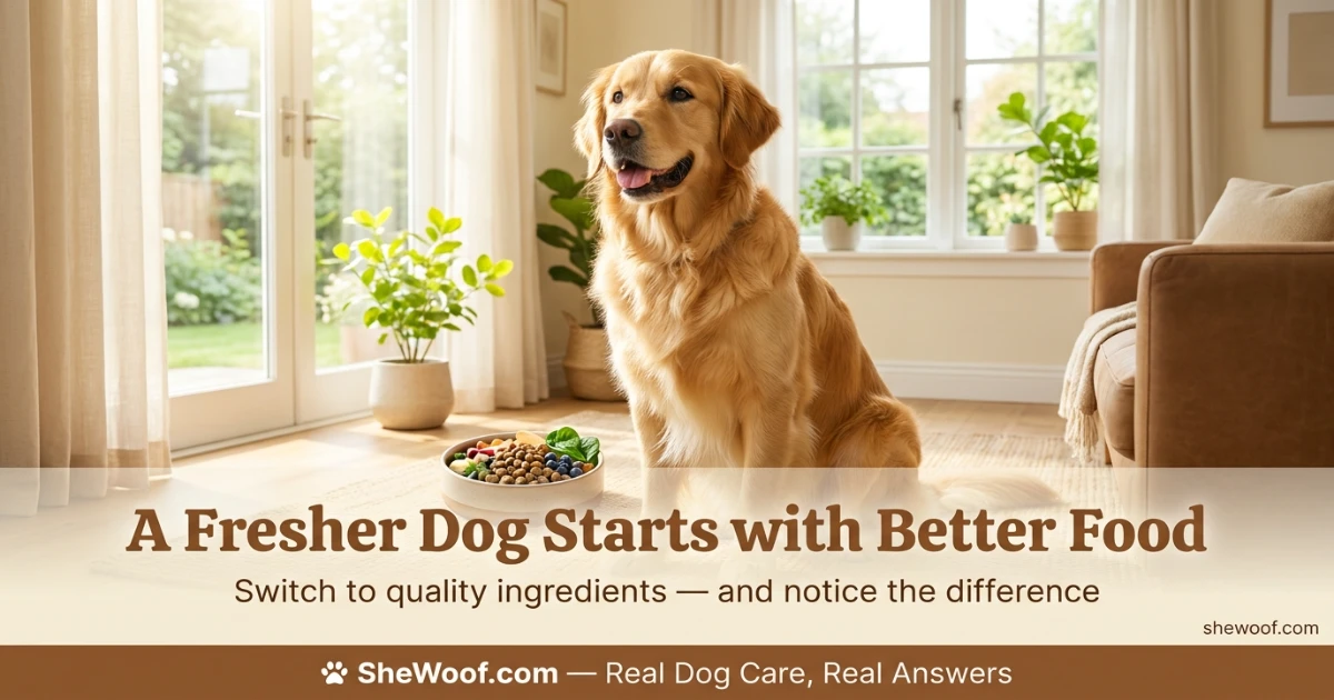 Happy, fresh-smelling dog with a shiny coat after switching to high-quality food