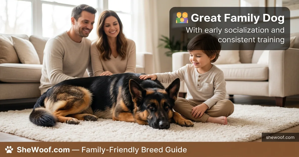 German Shepherd resting calmly with a family, showing the breed's loyal and protective nature