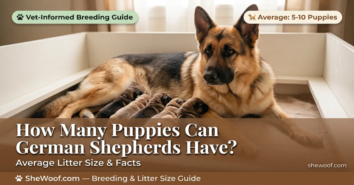 German Shepherd mother with her litter of puppies nursing in a whelping box