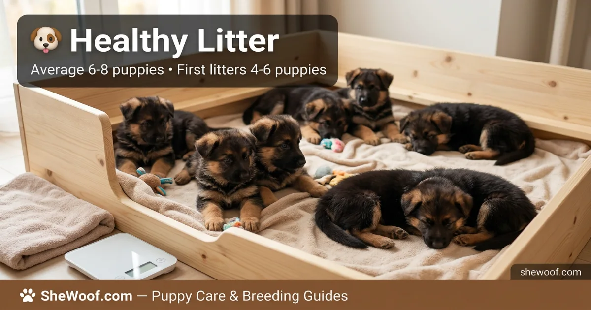 Litter of German Shepherd puppies nursing and sleeping in a clean whelping box