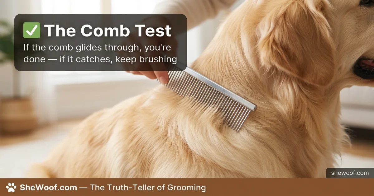 Close-up of a Golden Retriever's coat being combed with a metal comb after brushing