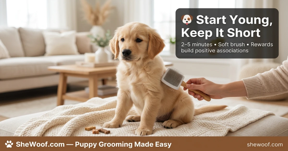 Golden Retriever puppy sitting calmly during its first brushing session