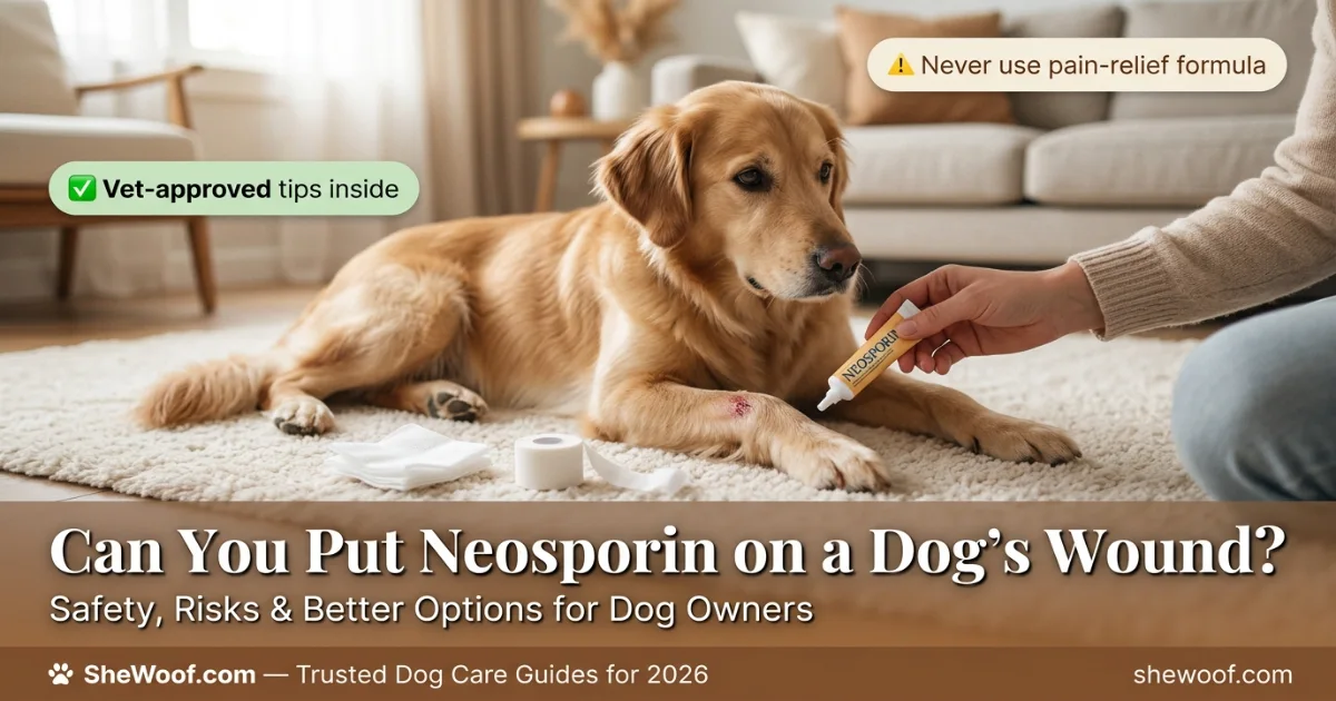 Owner checking a dog's minor leg wound and holding plain antibiotic ointment with a concerned expression