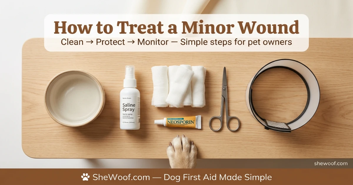 Dog wearing an e-collar to prevent licking a minor wound after first aid care