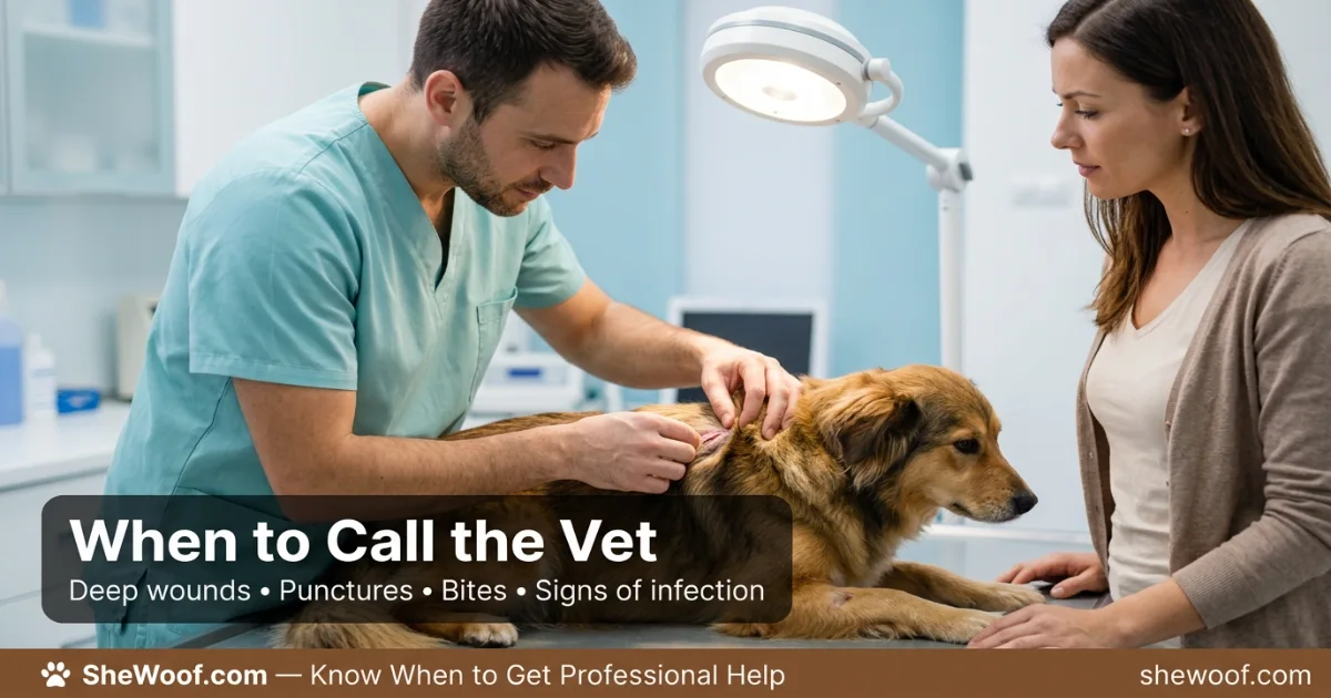 Collection of dog-safe wound care supplies including saline, chlorhexidine spray, gauze, and an e-collar