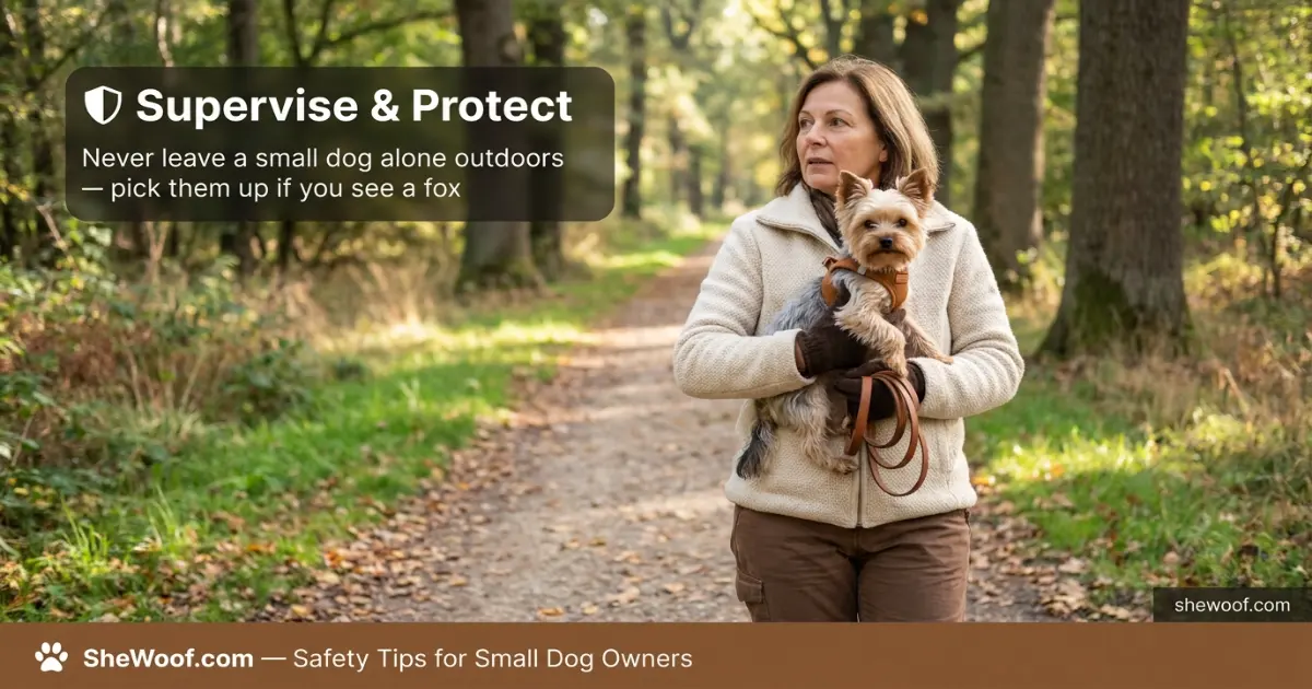 A small dog on a leash being held by its owner while a fox is visible in the background