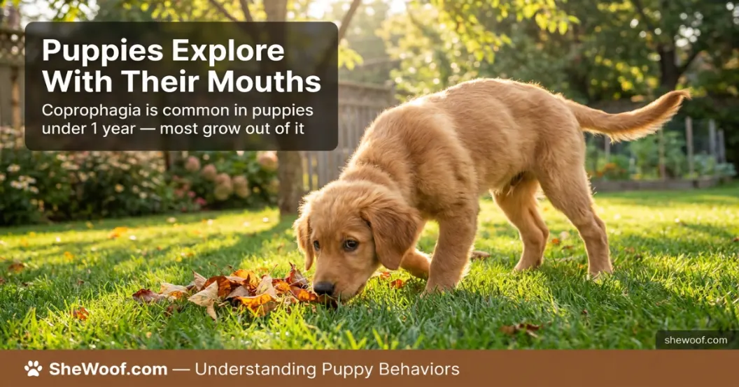 Puppy exploring the yard with curiosity — coprophagia is common in young dogs