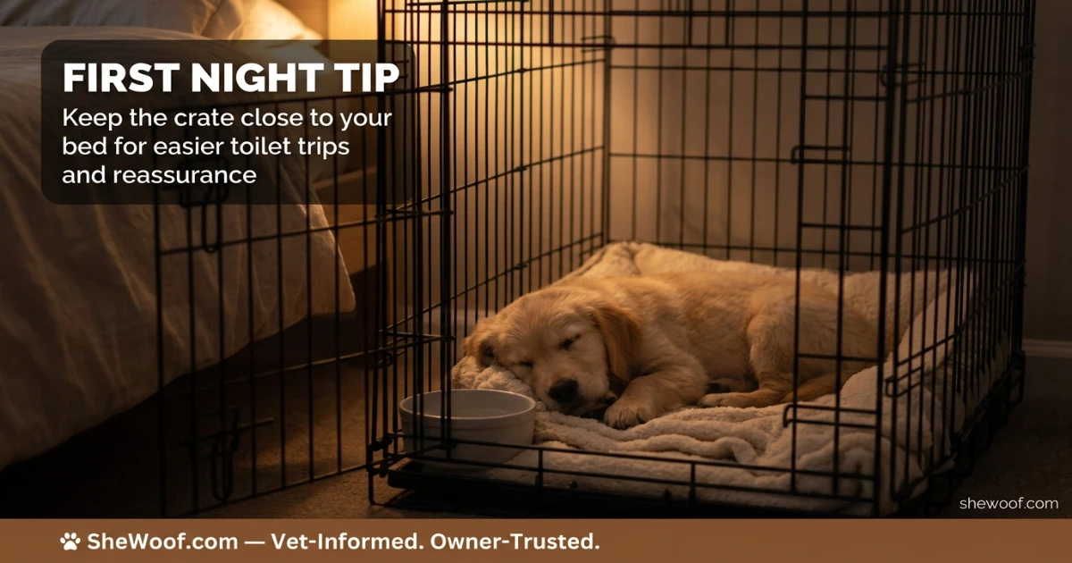 Young puppy settling calmly in a crate beside the owner's bed on the first night home