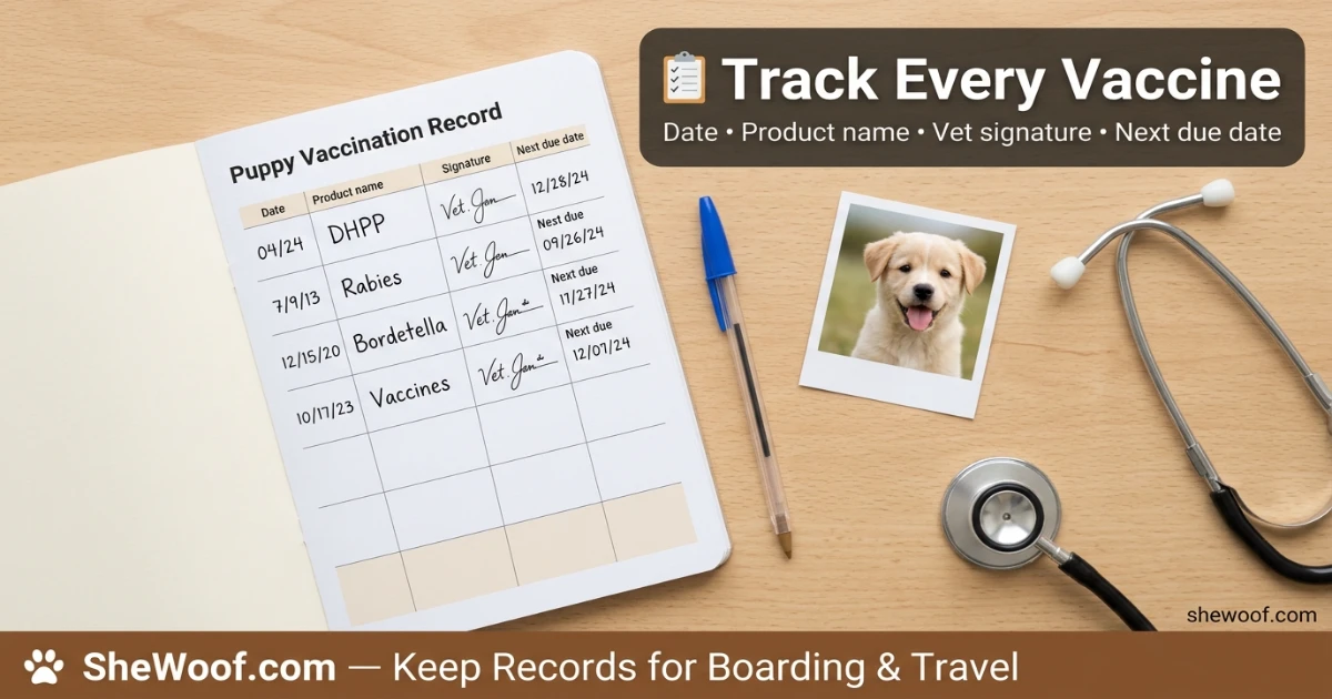 Owner reviewing a puppy vaccination record with a veterinarian