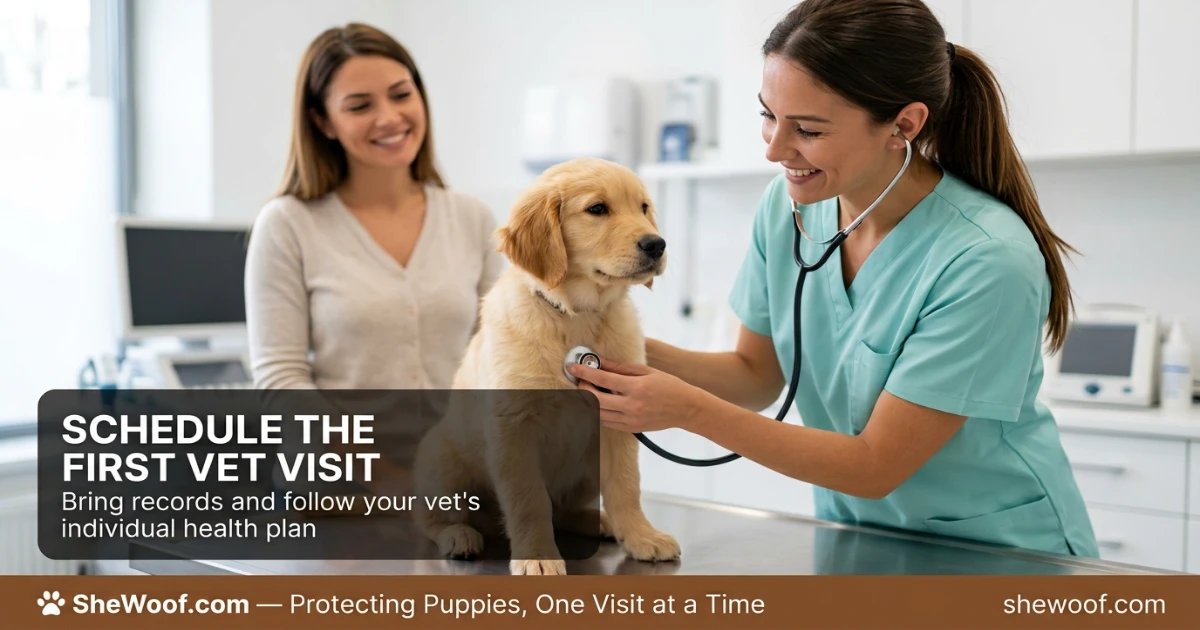 Veterinarian gently examining a young puppy during its first wellness visit after coming home