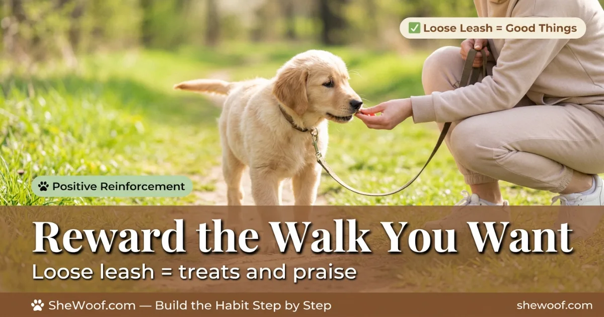 Puppy walking calmly on a loose leash being rewarded with a treat