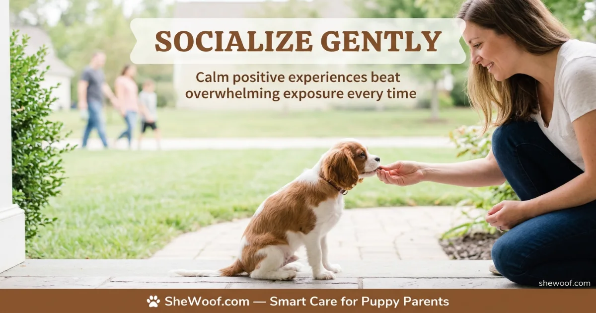 Young puppy calmly observing new people and everyday surroundings during safe early socialization