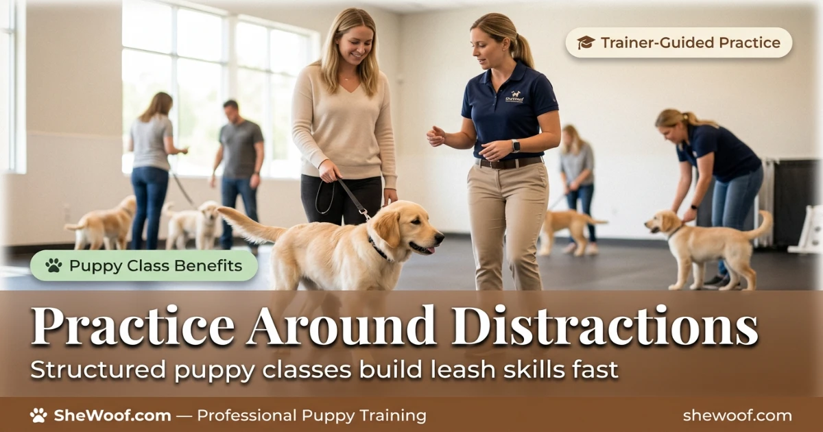 Puppy attending a training class to practice loose leash walking with a trainer