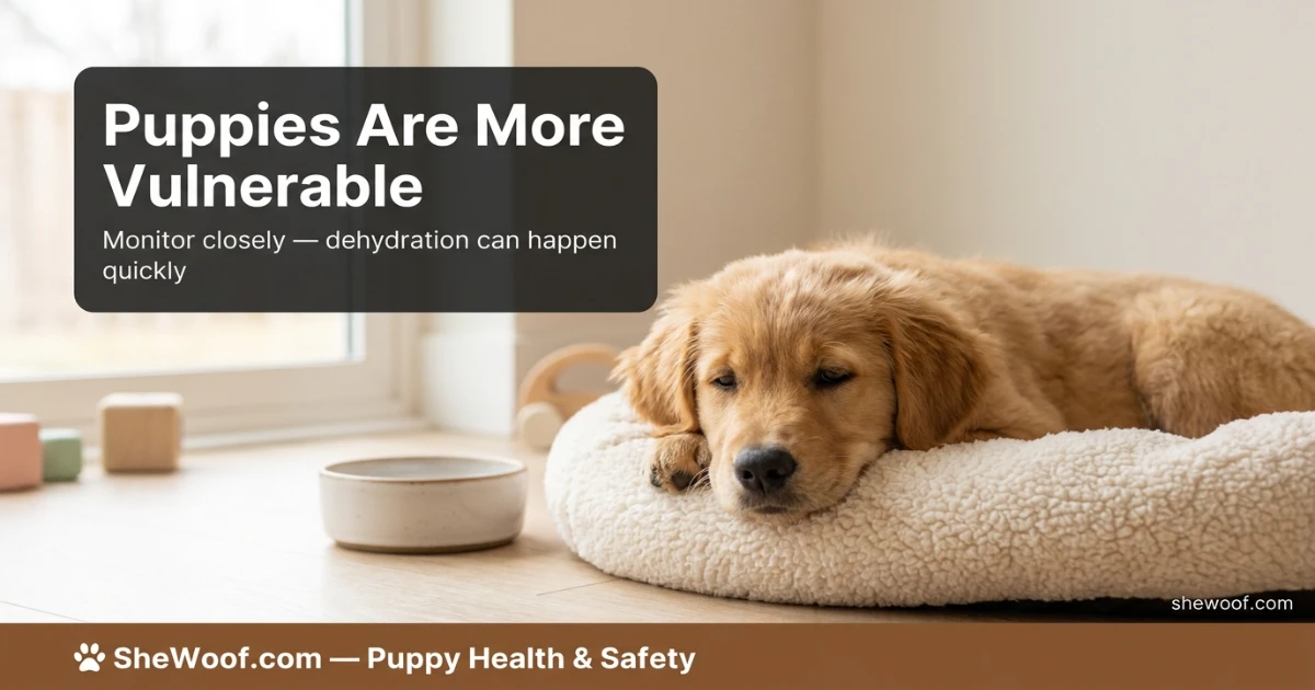 Young puppy looking unwell after vomiting foam, resting near a water bowl